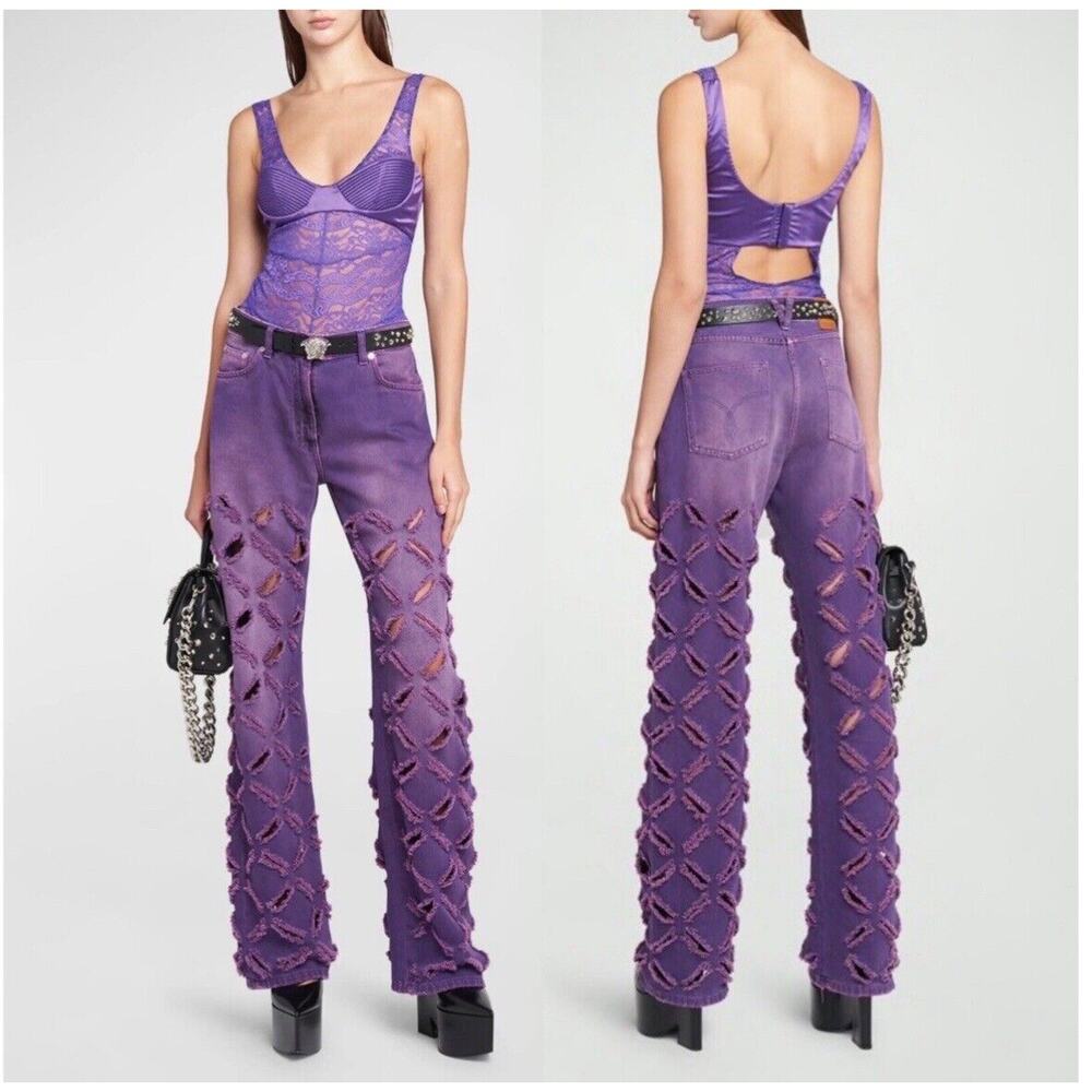 NWT Versace Runway SS23 Bodysuit Size 1C/ 32C/ XS Bustier Satin Lace Purple $875 - Picture 5 of 15